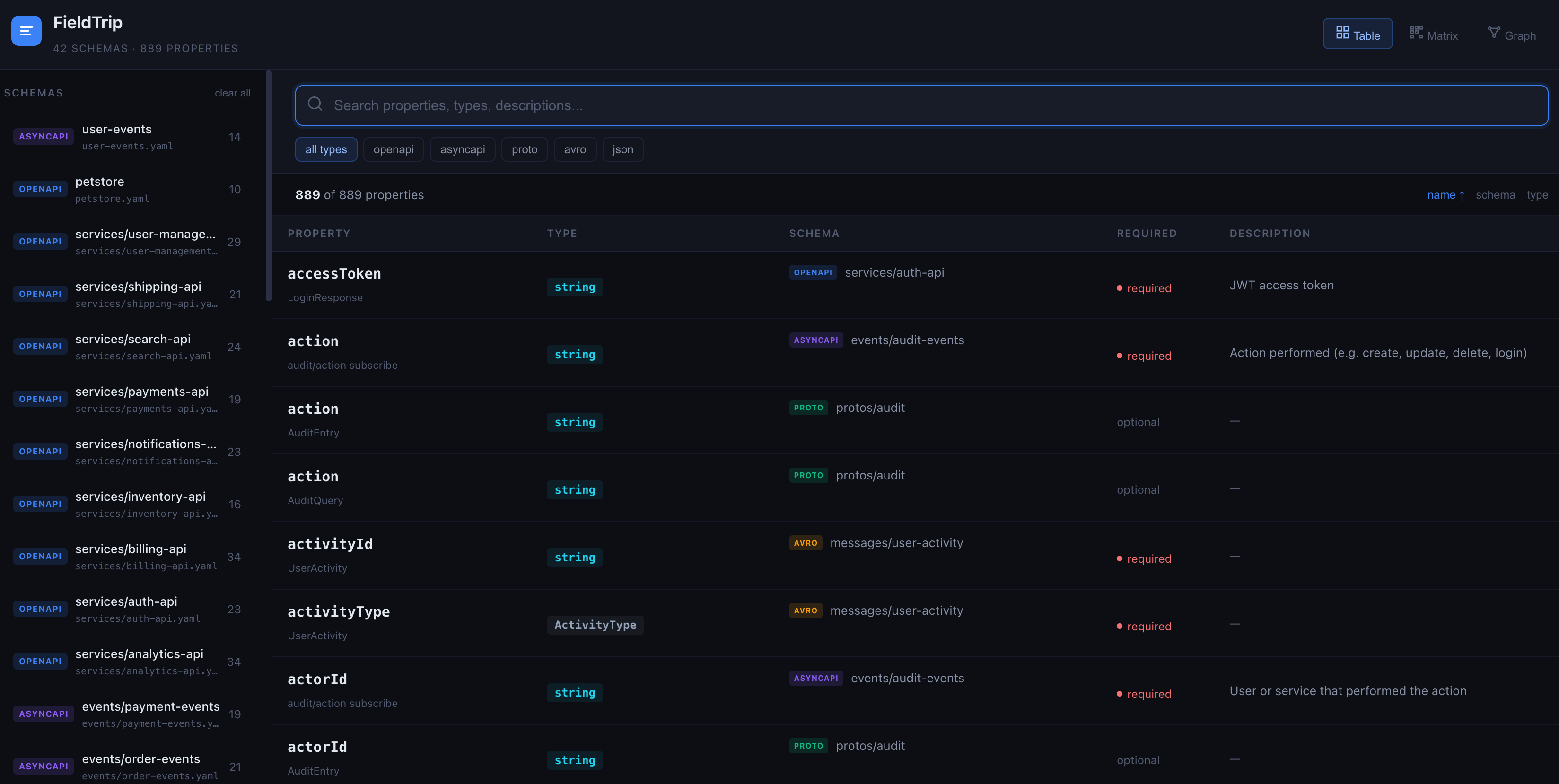 Table view showing schema properties